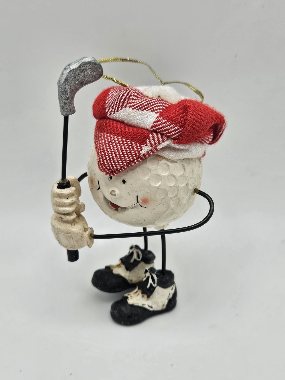 VINTAGE Golf Ball Golfer Red Plaid Cap Resin Ornament Golfing
